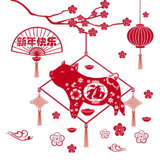 卡通手绘剪纸窗贴新年小猪