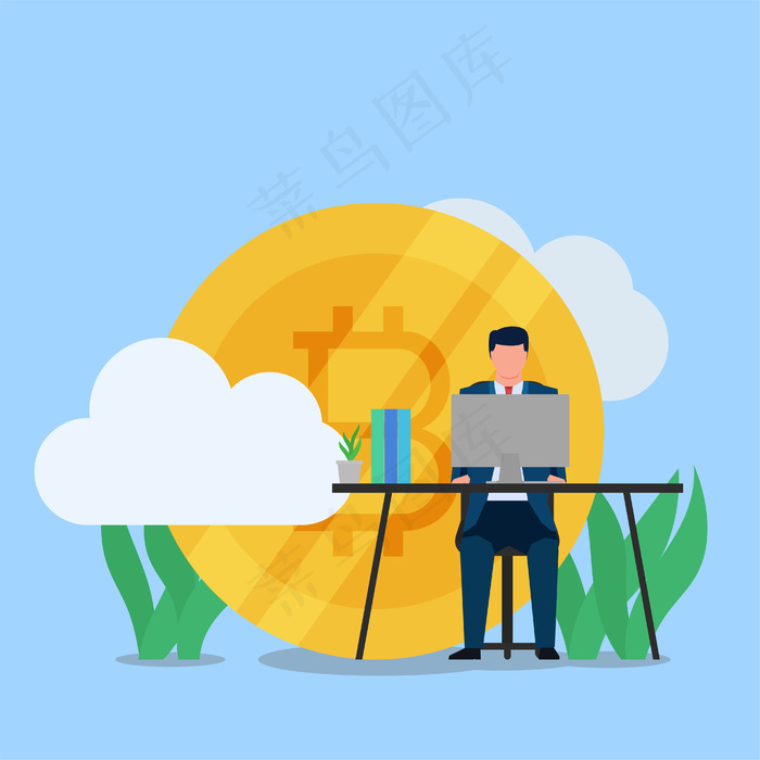 商人在桌面上工作，在加密货币的隐喻后面有一个大的加密货币。