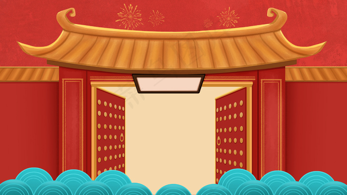 新年中国风建筑传统开门banner手绘横(2880X1620(DPI:300))psd模版下载