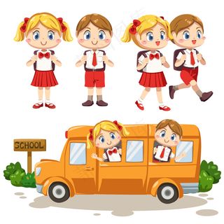 一组男孩和女孩穿着学生制服和书包在校车上散步和坐着