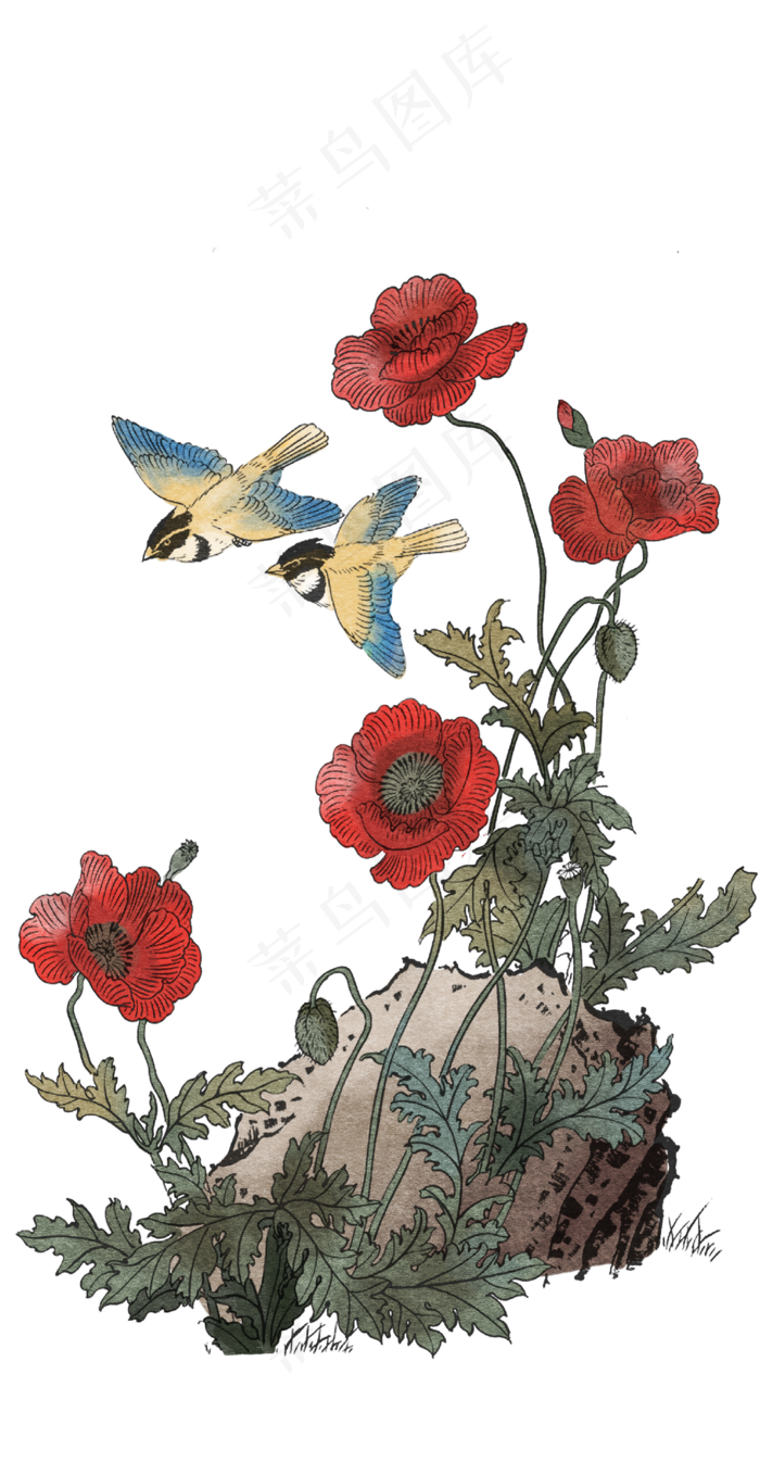 卡通手绘红色花朵工笔画,免抠元素