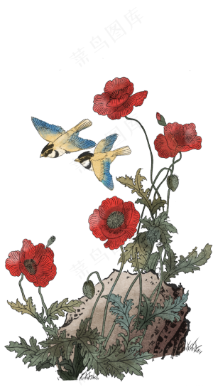 卡通手绘红色花朵工笔画,免抠元素