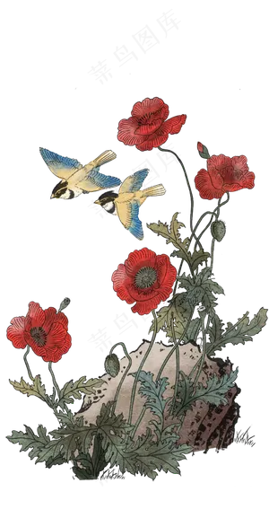 卡通手绘红色花朵工笔画,免抠元素