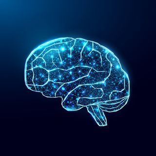 人脑。线框低聚风格。医学、脑癌、神经网络的概念。深蓝色背景上的抽象现代 3d 矢量图。