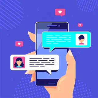 女性手持智能手机，在线聊天语音泡泡。手机信使、互联网技术