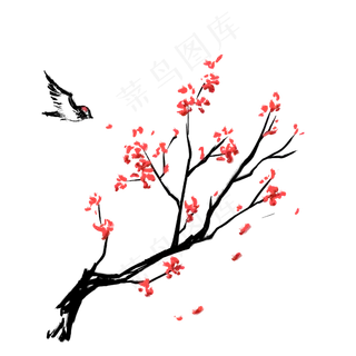 冬季红色梅花树枝水墨写意水墨鸟