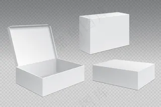 逼真的包装盒。白色开放纸板包装，空白商品。纸箱方盒模板