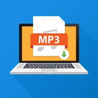 笔记本电脑屏幕上的下载mp3按钮。下载文档概念。带有mp3标签和向下箭头标志的文件。矢量图解。