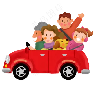 假期一家人自驾游手绘卡通素材免