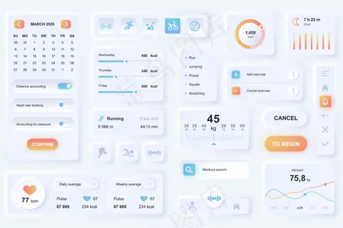 健身手机app移动应用程序app的用户界面元素。独特的设计界面，用户体验，图形用户界面，工具包元素模板。中性风格。不同的形式，组件，按钮，菜单，运动矢量图标。