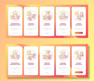 法律服务类型带概念的车载手机app移动应用程序app页面屏幕。学生债务减免演练5个步骤图形说明。