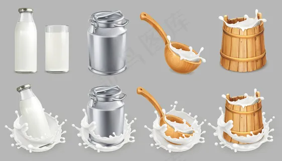 牛奶会溅起水花。天然乳制品。图标集