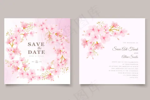 水彩樱花花卉和树叶卡套