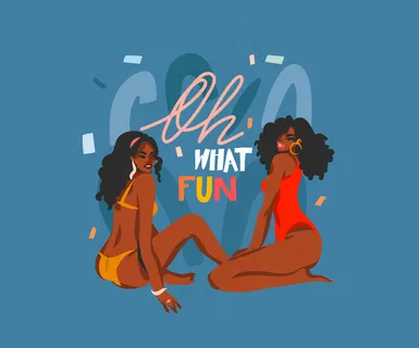 手绘插图与年轻的快乐美丽的女性群体，哦什么有趣的手写字体彩色拼贴形状的背景