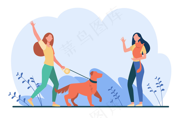 和宠物一起散步的朋友，见面和挥手打招呼。妇女与狗和猫外平面插图。eps,ai矢量模版下载