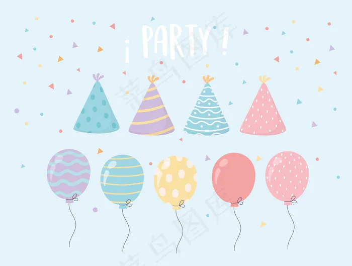 帽子和气球五彩纸屑庆祝派对装饰eps,ai矢量模版下载