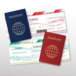 带有逼真的3d护照、机票和细线图标的旅行和旅游概念卡