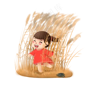 小女孩在芦苇荡玩耍