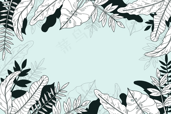 线性热带叶子，有柔和的颜色背景