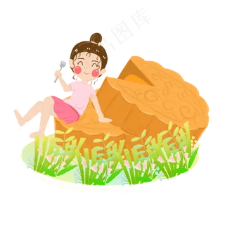 中秋节女孩吃月饼素材