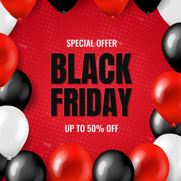 黑色星期五大促销卡，带气球和渐变网，