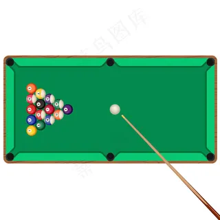 带木制球杆和球的绿色台球桌