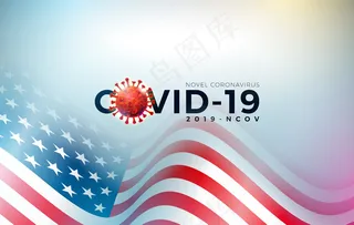 科维德-19。美国冠状病毒暴发用病毒细胞和国旗设计