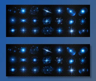 蓝色透明光闪烁和镜头耀斑大集