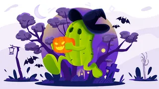 紫色矢量扁平万圣节仙人掌抱南瓜头