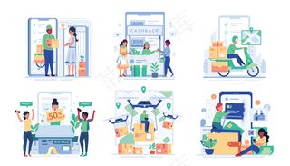 插图以卡通人物风格，男女在网上购物为背景，