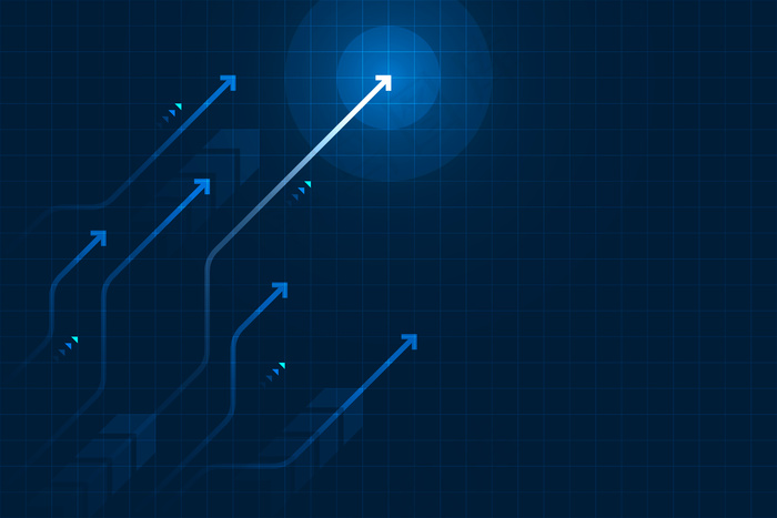 深蓝色背景上的亮箭头向上电路，带有复制空间复制插图，业务增长概念。