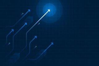 深蓝色背景上的亮箭头向上电路，带有复制空间复制插图，业务增长概念。