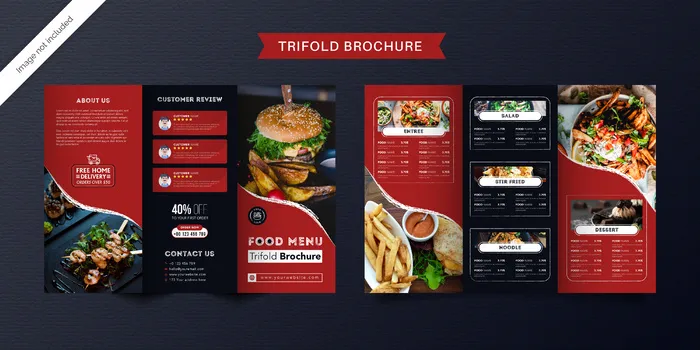 食品三折页小册子模板。红色和深蓝色餐厅的快餐菜单手册。eps,ai矢量模版下载