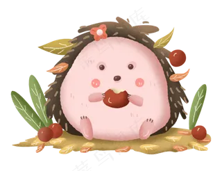 秋天秋日秋分动物刺猬抱着苹果叶