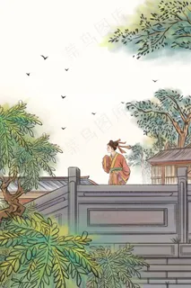 水墨桥房屋女子风景图