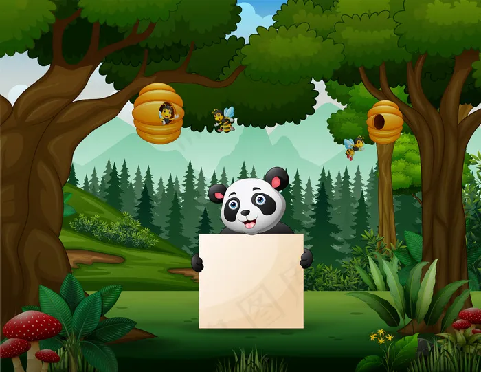 熊猫在公园里拿着一块空白的牌子eps,ai矢量模版下载