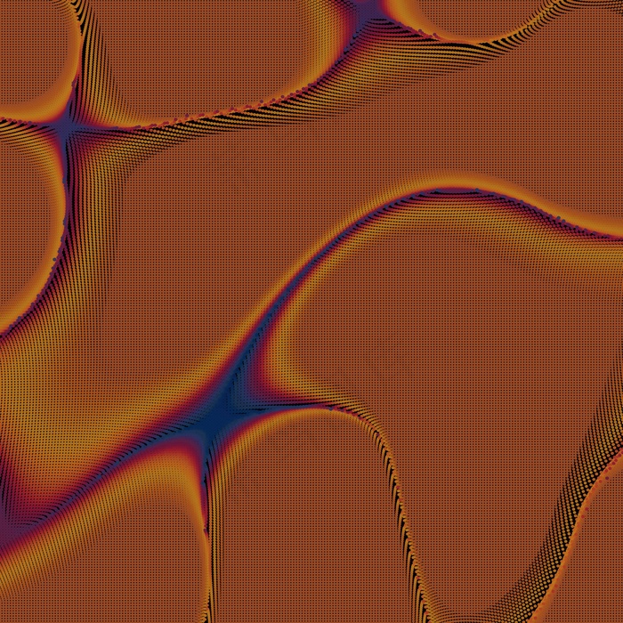 在深色背景上抽象出彩色扭曲的网格平面。未来风格的卡片。商务演讲的优雅背景。损坏的点平面。混沌美学。