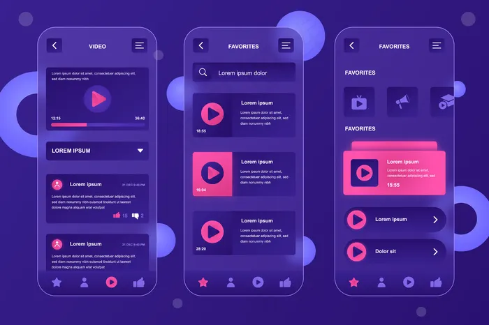 用于手机app移动应用程序appui ux gui屏幕集的视频管glassmorphic design Neummorphic元素套件eps,ai矢量模版下载