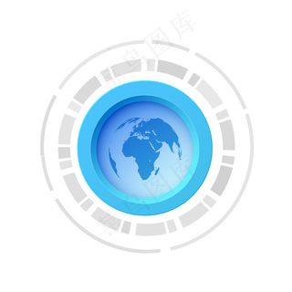 一个电子按钮概念，中间是世界地图的图像，蓝白相间