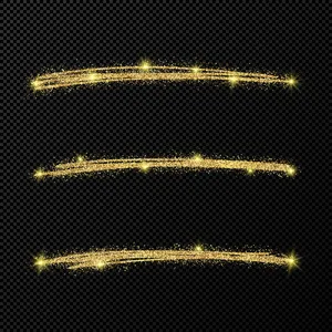 抽象闪亮的五彩纸屑闪闪发光的波浪。在黑色透明背景上设置三个手绘刷金色笔刷。矢量图