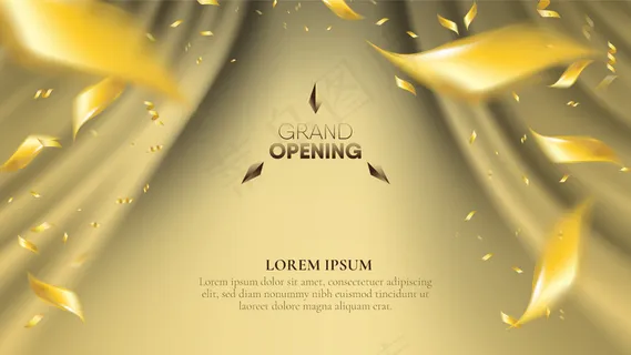 抽象现实的金色波浪窗帘背景与梯度金散射五彩纸屑。