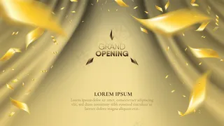 抽象现实的金色波浪窗帘背景与梯度金散射五彩纸屑。