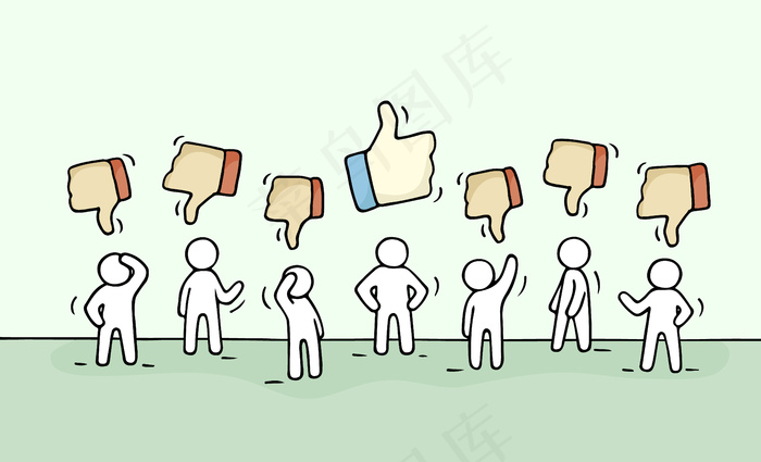 用喜欢和不喜欢的标志描绘工作的小人物。