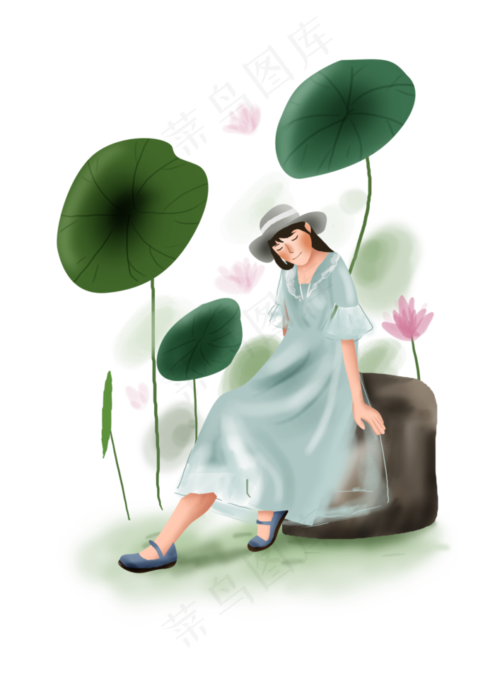 夏至荷塘边的女孩,免抠元素(3508X4961(DPI:300))psd模版下载