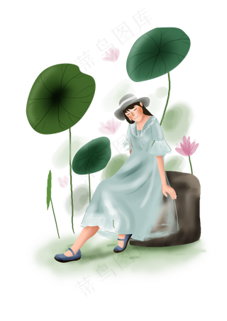 夏至荷塘边的女孩,免抠元素