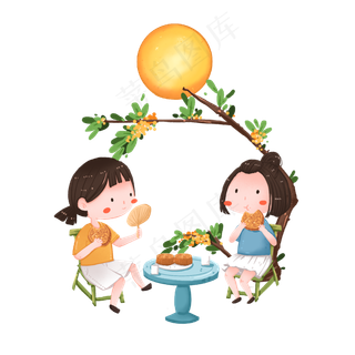 月下纳凉吃月饼的大脸小姑娘