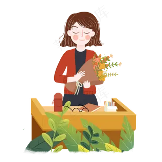 教师节抱鲜花女老师png素材