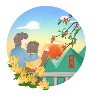 重阳节老夫妻登高望远看夕阳