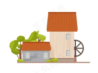 水磨的外部，水轮隔离在白色背景上。古老的荷兰磨坊和树木。乡村建筑、结构或建筑物。