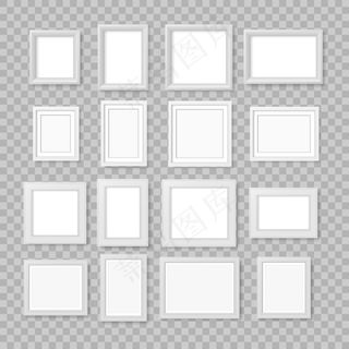 白色逼真的方形空相框隔离在透明背景上。墙上的空白相框。现代设计元素为您的产品模板或演示文稿。插图。